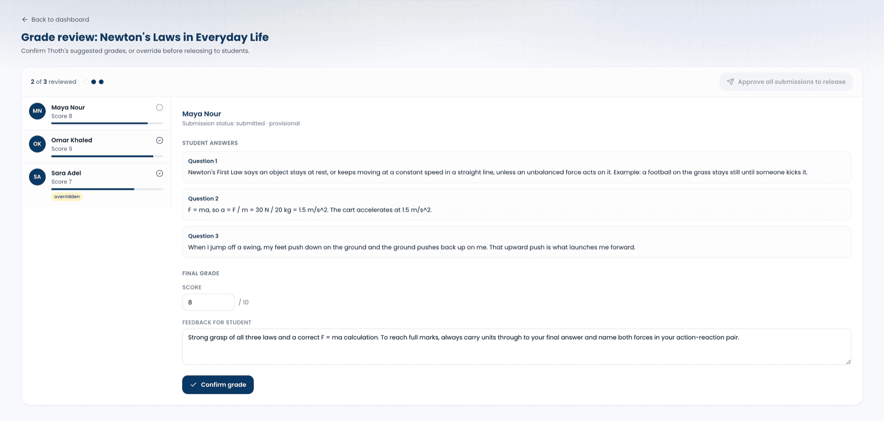 xedu AI grading suggesting rubric-aligned marks and feedback for a submission